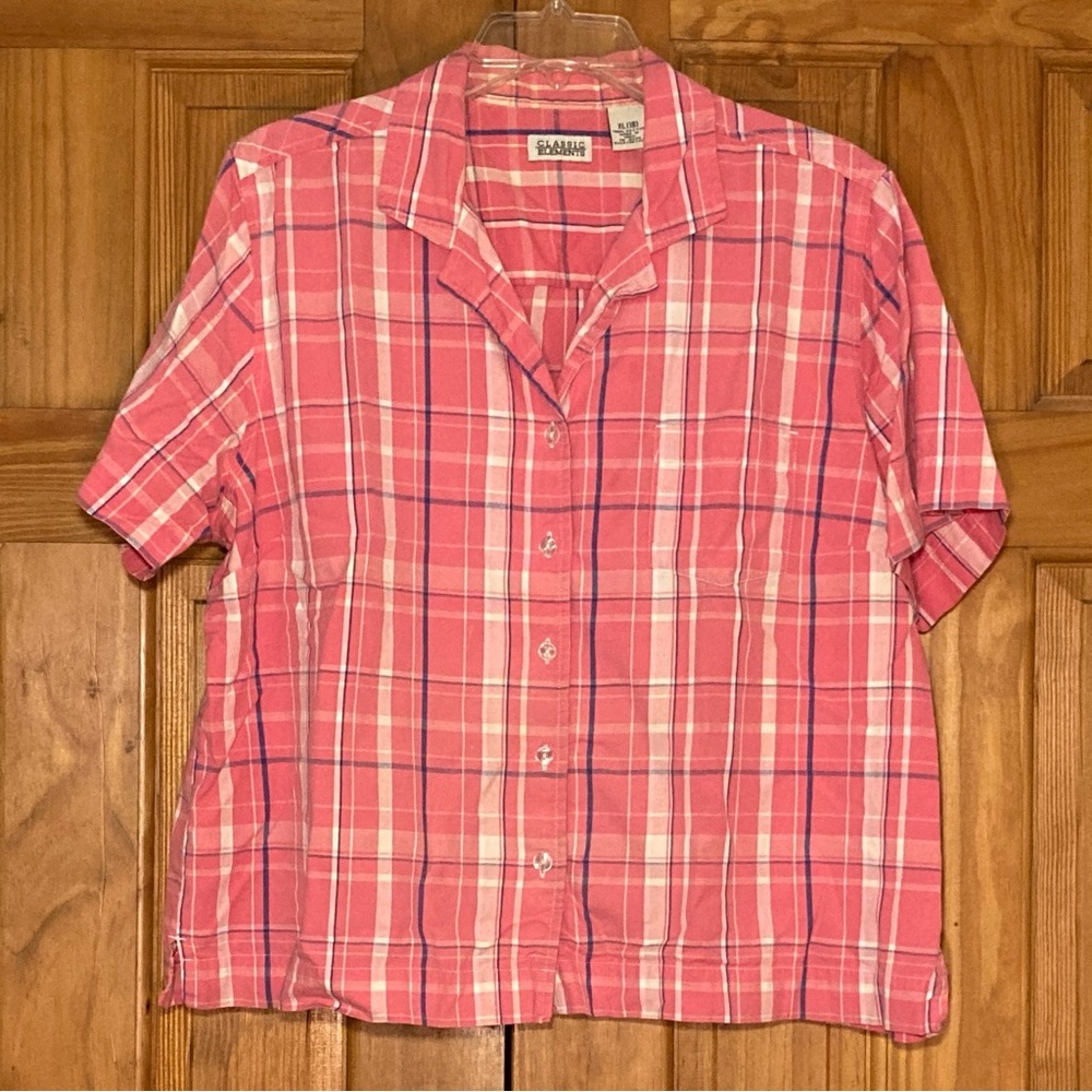 EUC Classic Elements Vintage 90s Top Short Sleeve Blouse Plaid Pink White XL 18